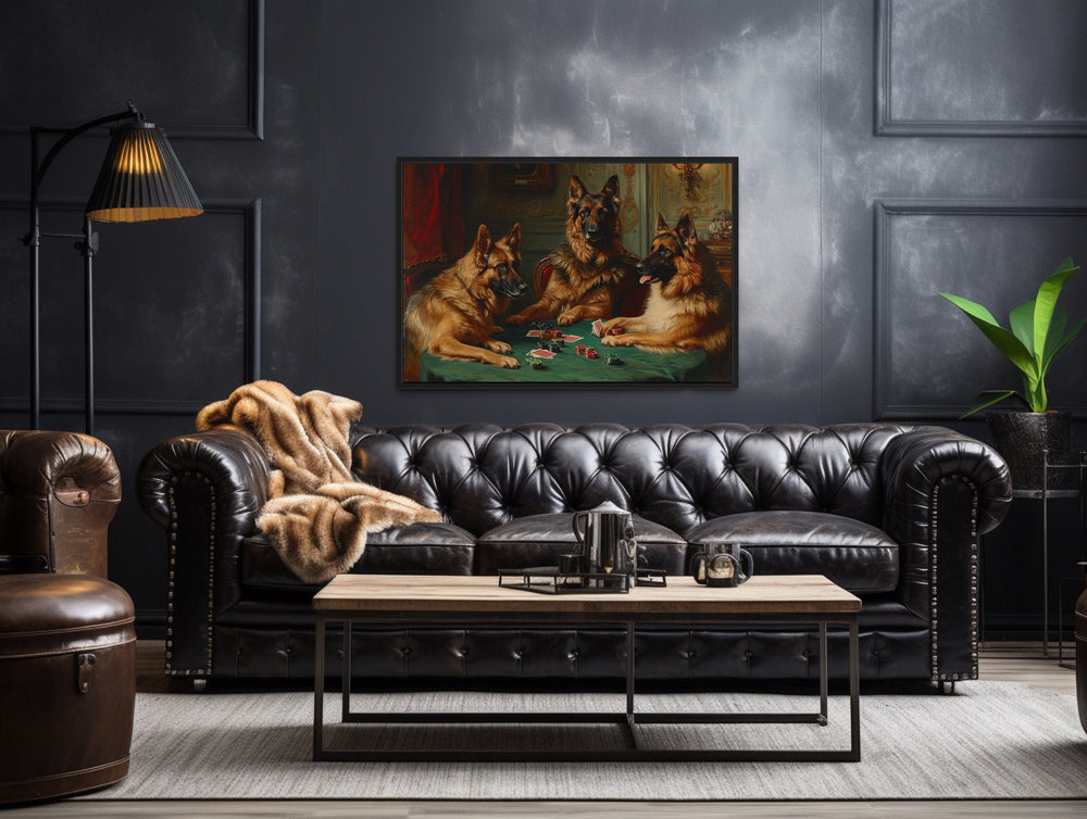 German Shepherds Dogs Playing Poker Framed Canvas Wall Art