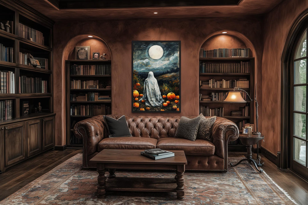 Ghost And Pumpkins Wall Art – Spooky Halloween Canvas with Full Moon