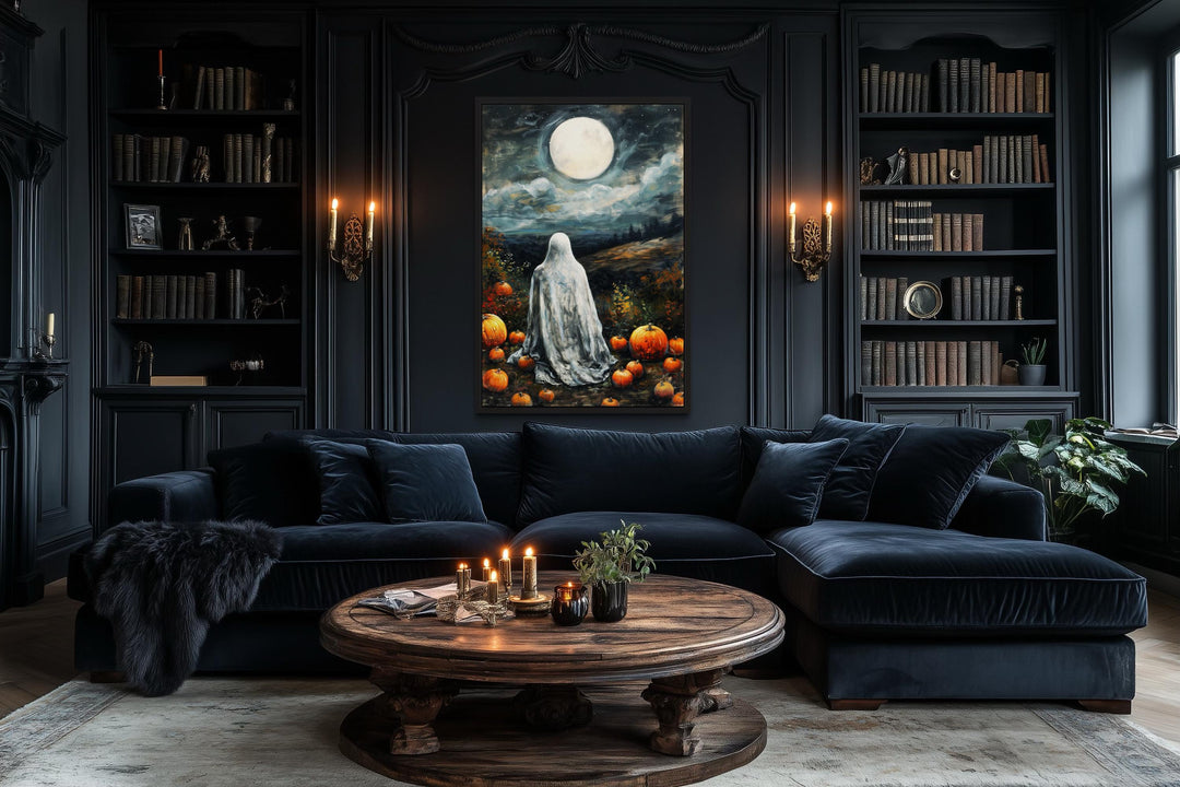 Ghost And Pumpkins Wall Art – Spooky Halloween Canvas with Full Moon
