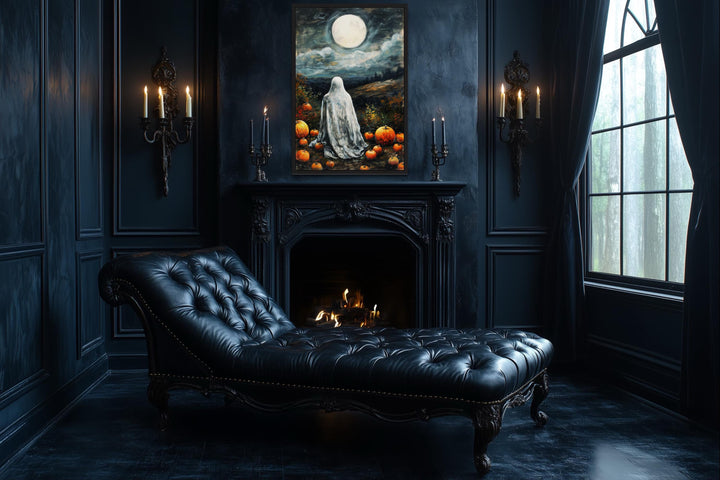 Ghost And Pumpkins Wall Art – Spooky Halloween Canvas with Full Moon