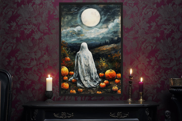 Ghost And Pumpkins Wall Art – Spooky Halloween Canvas with Full Moon