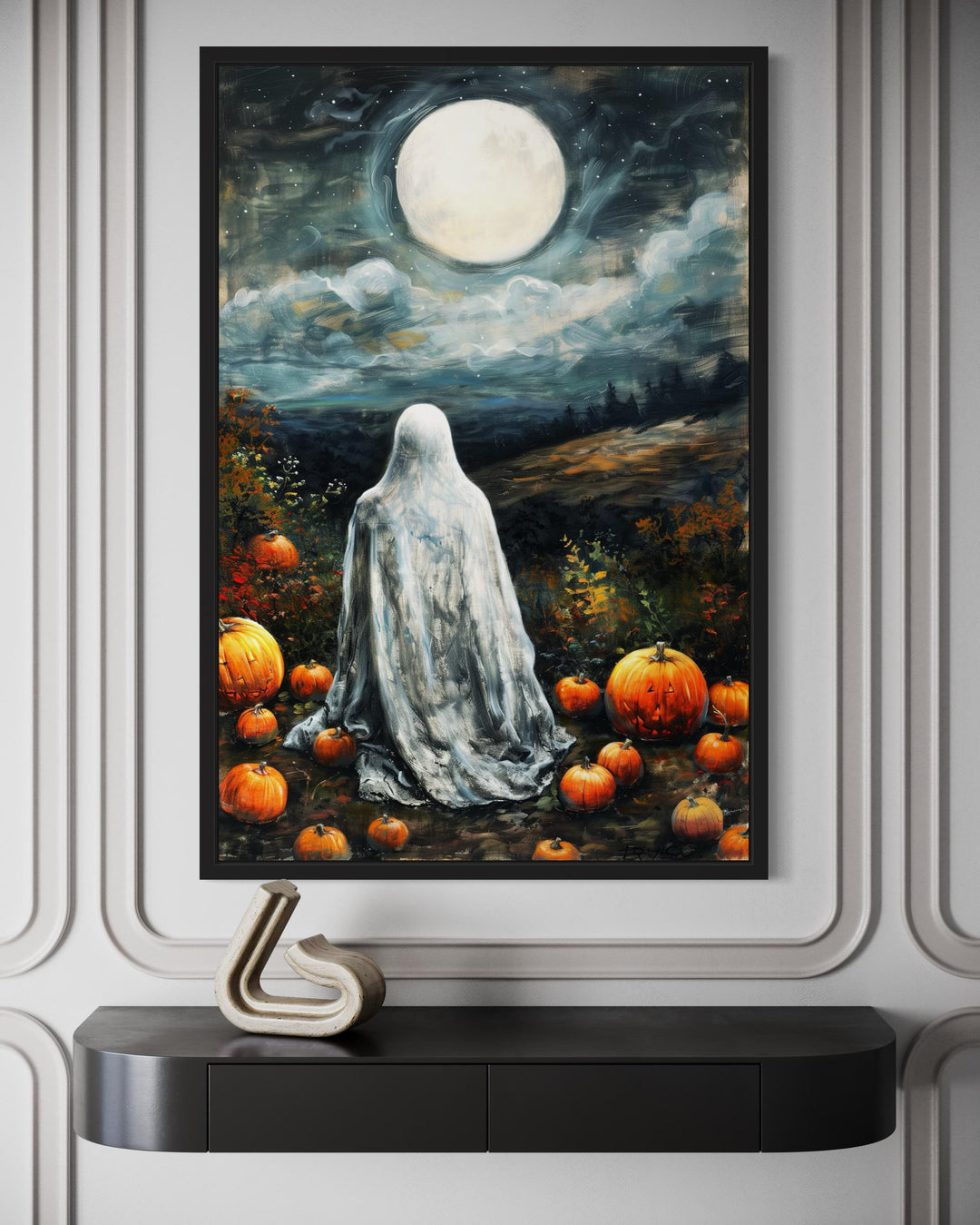 Ghost And Pumpkins Wall Art – Spooky Halloween Canvas with Full Moon