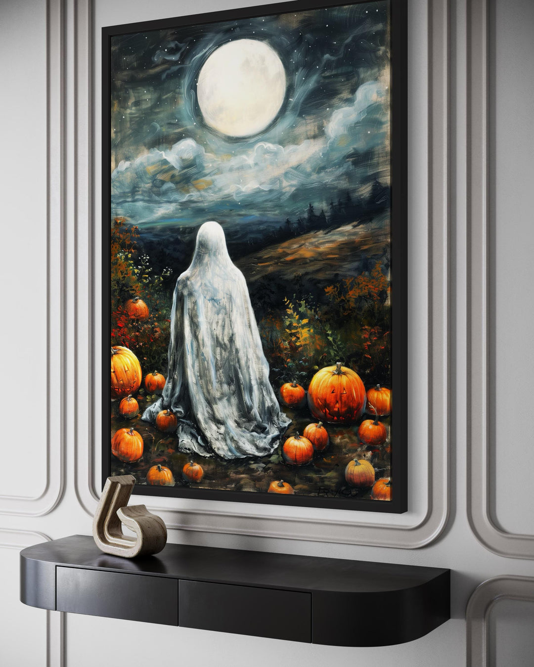 Ghost And Pumpkins Wall Art – Spooky Halloween Canvas with Full Moon