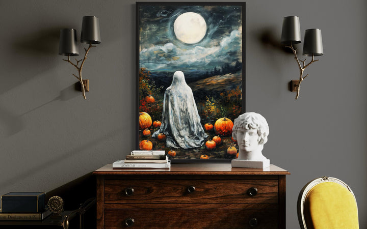 Ghost And Pumpkins Wall Art – Spooky Halloween Canvas with Full Moon