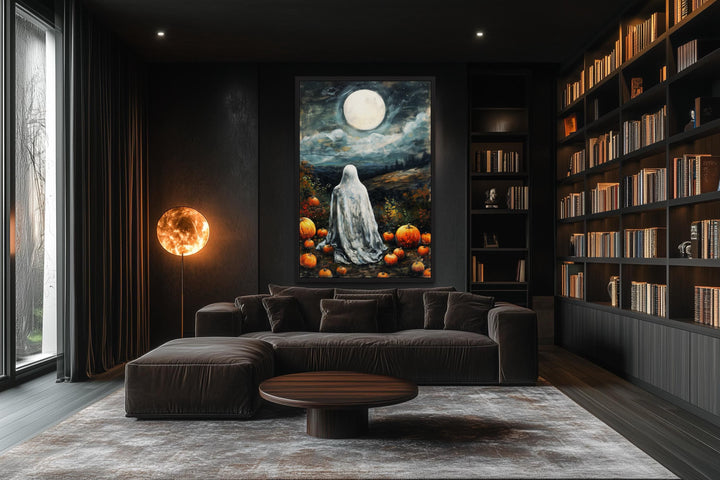 Ghost And Pumpkins Wall Art – Spooky Halloween Canvas with Full Moon
