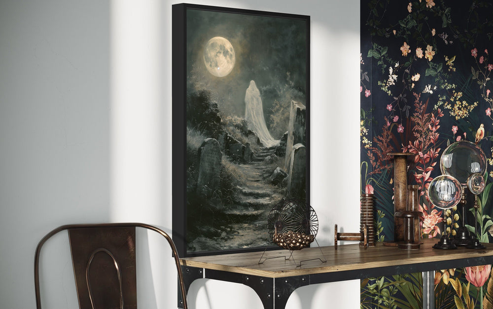 Ghost At Cemetery Graveyard At Full Moon Gothic Halloween Wall Art