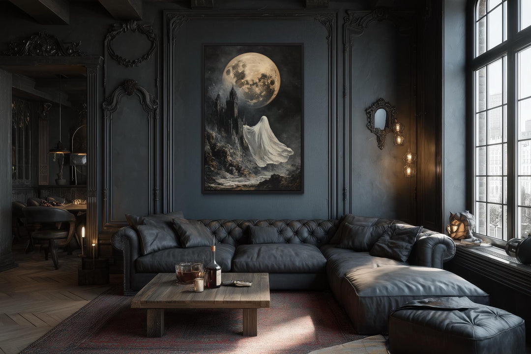 Ghost Floating Toward Gothic Castle Under Giant Moon Halloween Wall Art