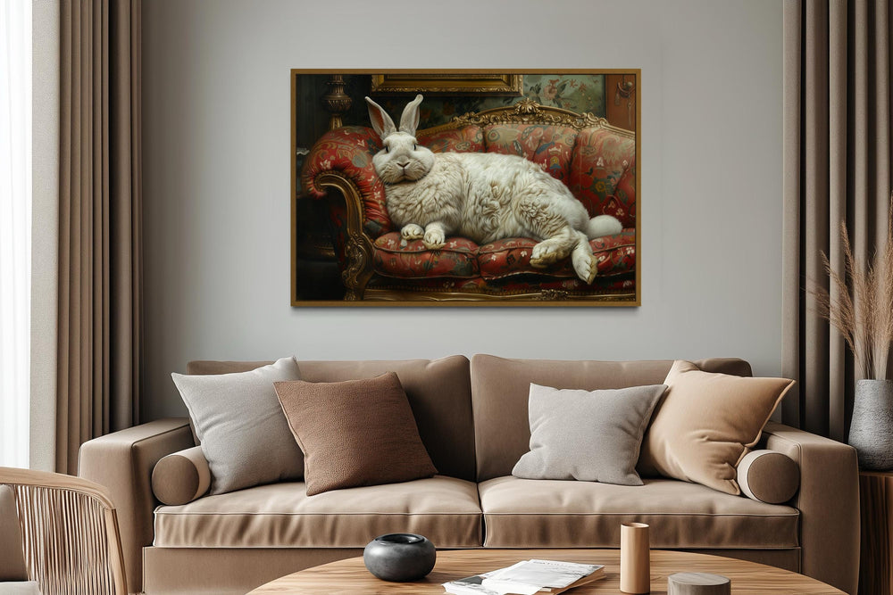 Giant Fat Bunny Lounging On Ornate Victorian Sofa Canvas Wall Art