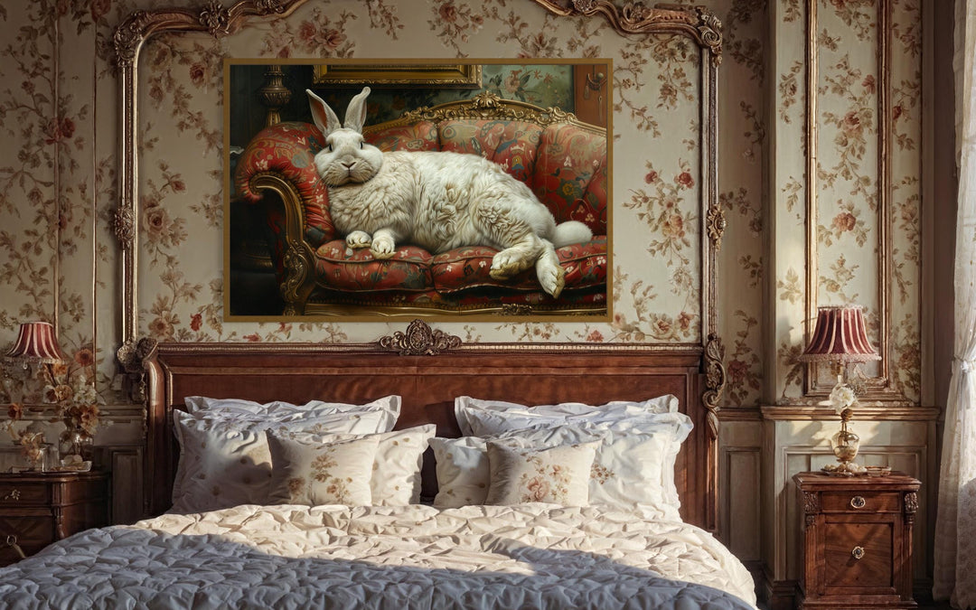 Giant Fat Bunny Lounging On Ornate Victorian Sofa Canvas Wall Art