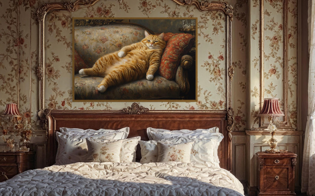 Giant Fat Orange Cat Wall Art Lounging On Victorian Sofa Wall Art