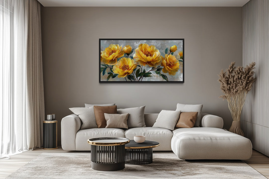 Gold Abstract Flowers On Grey Background Modern Living Room Wall Art