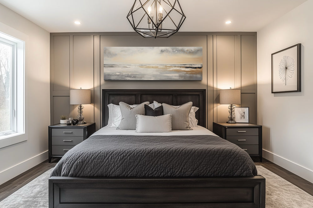 Gold And Silver Abstract Beach Sunset Minimalist Over Bed Wall Art