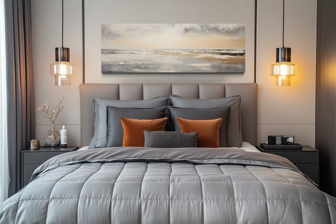 Gold And Silver Abstract Beach Sunset Minimalist Over Bed Wall Art