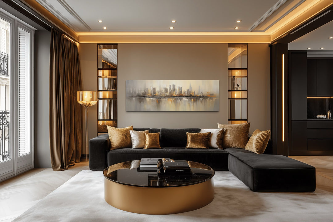 Gold And Silver Abstract Chicago Skyline Horizontal Living Room Wall Art