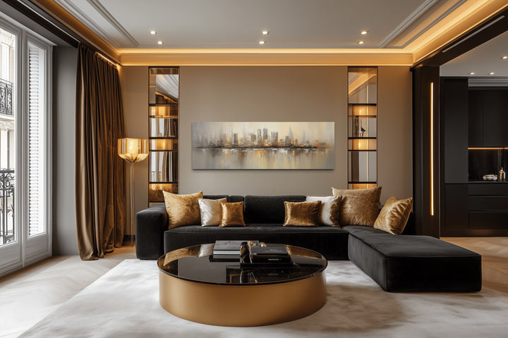 Gold And Silver Abstract Chicago Skyline Horizontal Living Room Wall Art