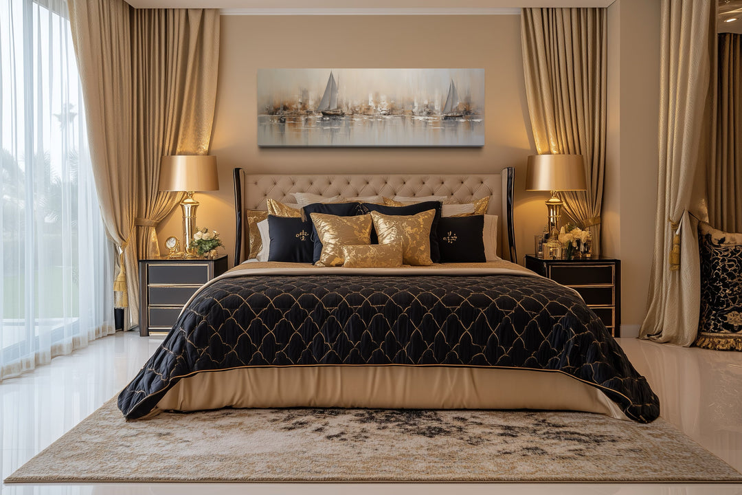 Gold And Silver Abstract Sail Boats in Ocean Long Horizontal Above Bed Coastal Wall Art