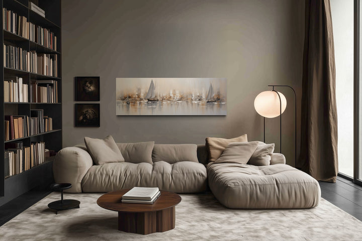 Gold And Silver Abstract Sail Boats in Ocean Long Horizontal Above Bed Coastal Wall Art