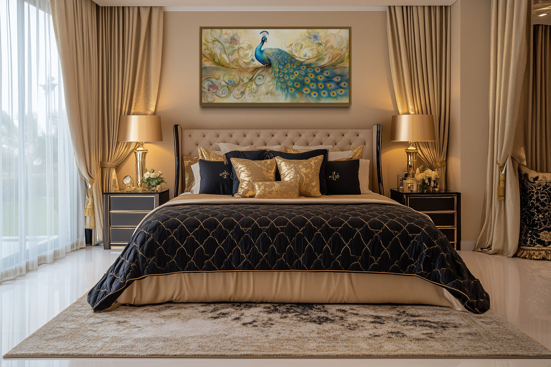 Gold Green Peacock Framed Canvas Wall Art