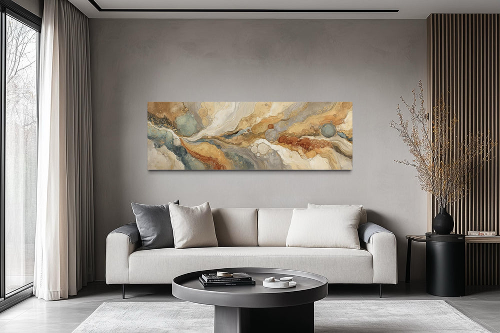 Gold Grey Abstract Long Horizontal Marble Canvas Wall Art