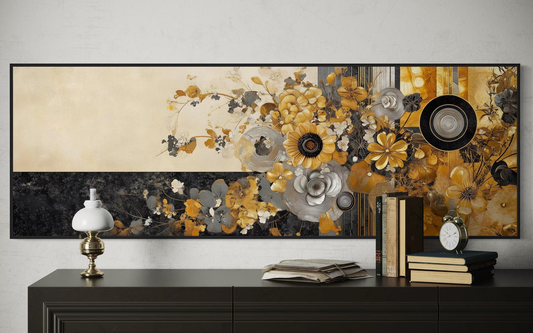 Gold Silver Black Floral Long Horizontal Abstract Wall Art