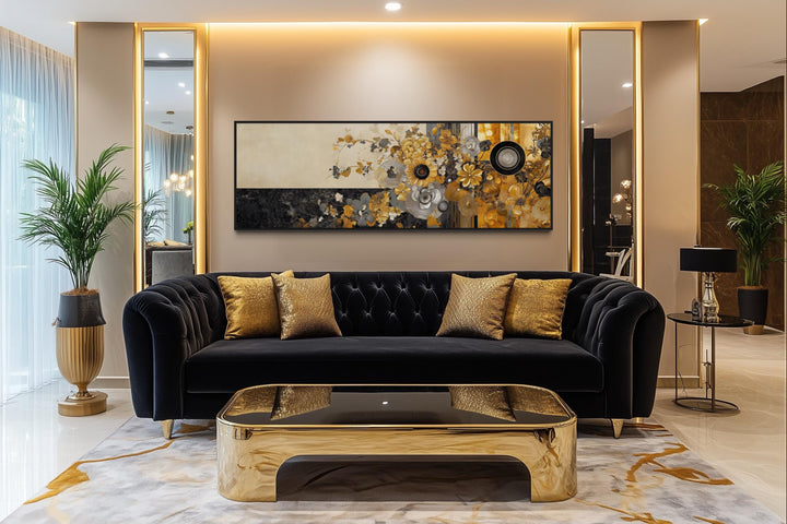 Gold Silver Black Floral Long Horizontal Abstract Wall Art