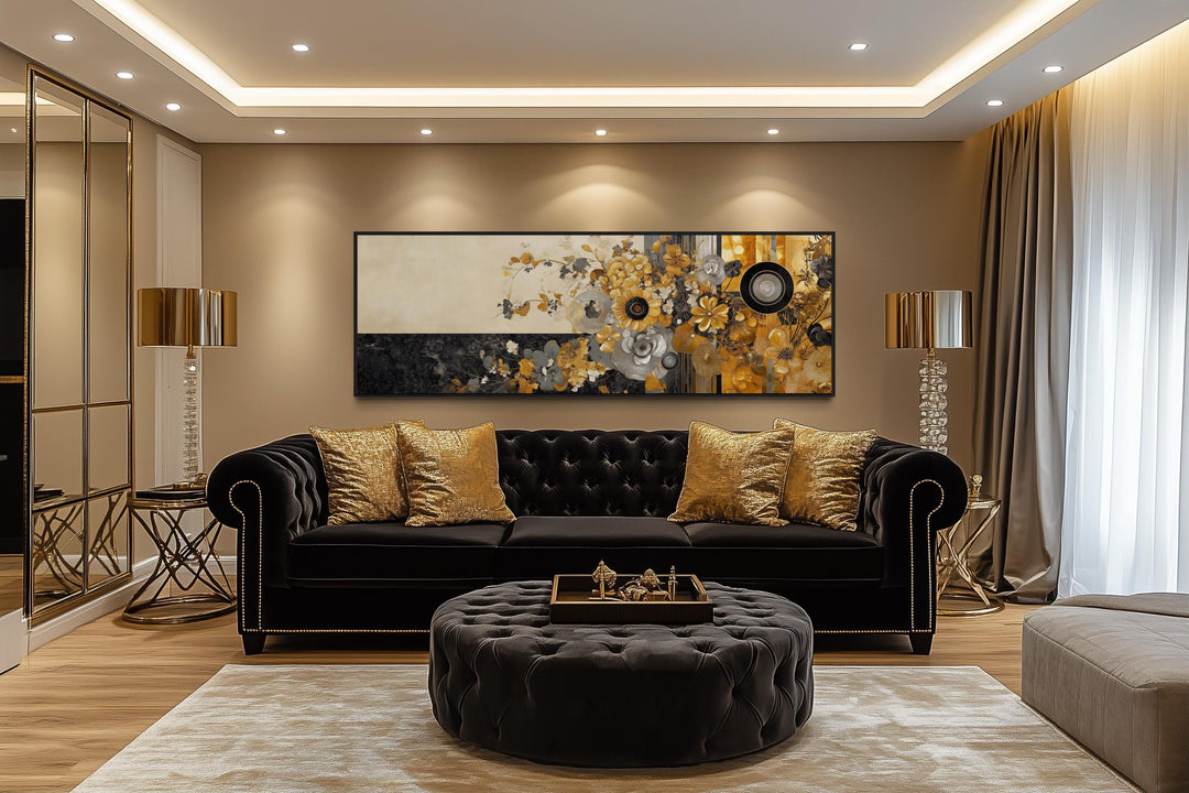 Gold Silver Black Floral Long Horizontal Abstract Wall Art