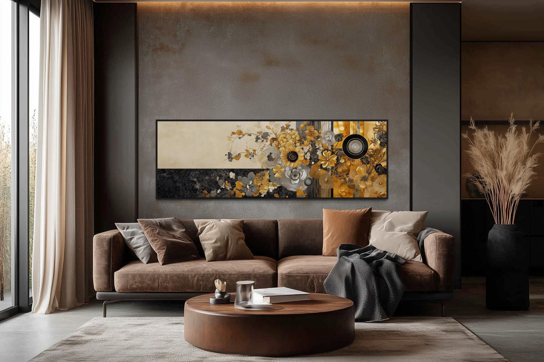 Gold Silver Black Floral Long Horizontal Abstract Wall Art
