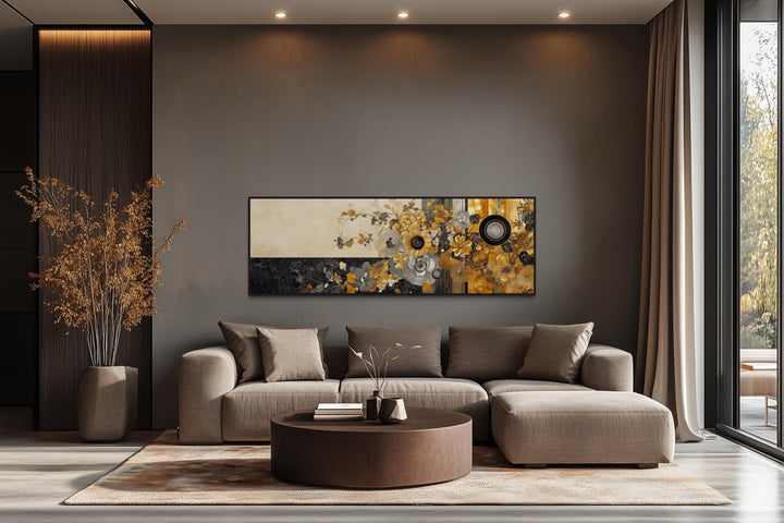 Gold Silver Black Floral Long Horizontal Abstract Wall Art