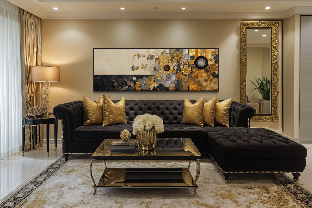 Gold Silver Black Floral Long Horizontal Abstract Wall Art