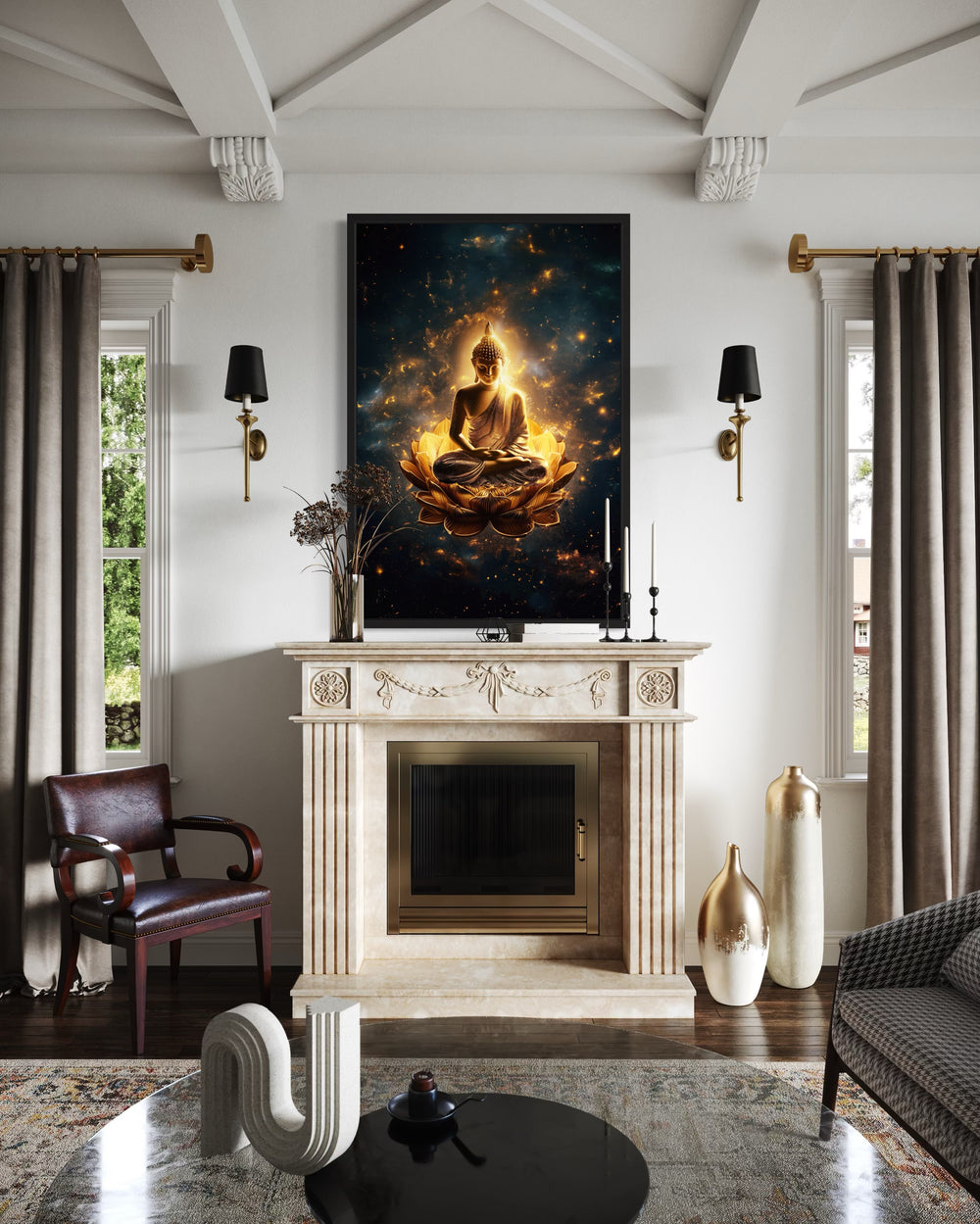 Golden Buddha With Lotus Flower Indian Framed Canvas Wall Art
