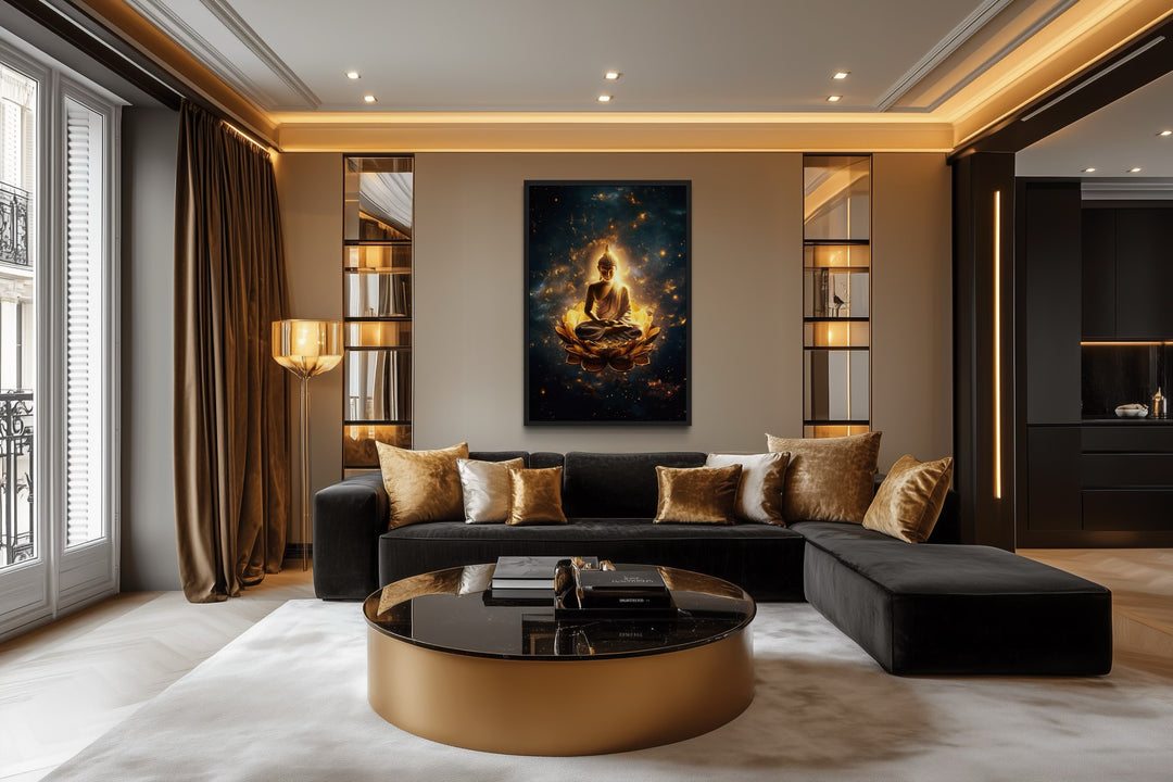 Golden Buddha With Lotus Flower Indian Framed Canvas Wall Art