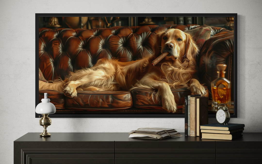 Golden Retriever On Couch Smoking Cigar Drinking Whiskey Framed Canvas Wall Art