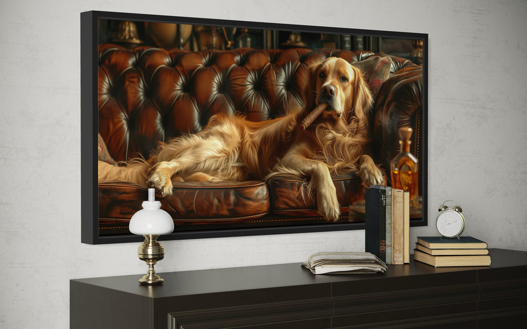 Golden Retriever On Couch Smoking Cigar Drinking Whiskey Framed Canvas Wall Art