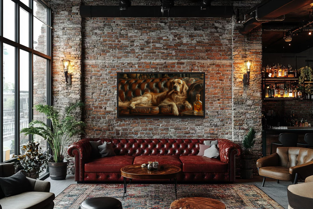 Golden Retriever On Couch Smoking Cigar Drinking Whiskey Framed Canvas Wall Art