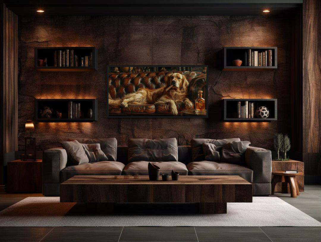 Golden Retriever On Couch Smoking Cigar Drinking Whiskey Framed Canvas Wall Art