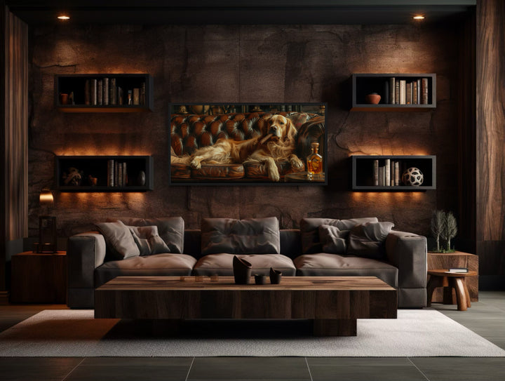 Golden Retriever On Couch Smoking Cigar Drinking Whiskey Framed Canvas Wall Art