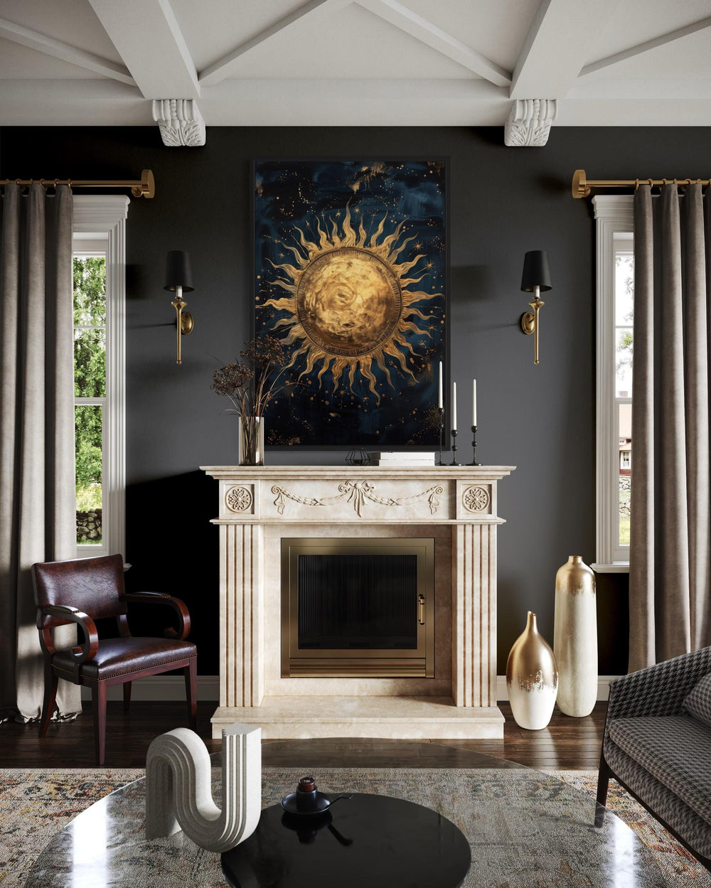 Golden Sun In Sky Celestial Framed Canvas Wall Art