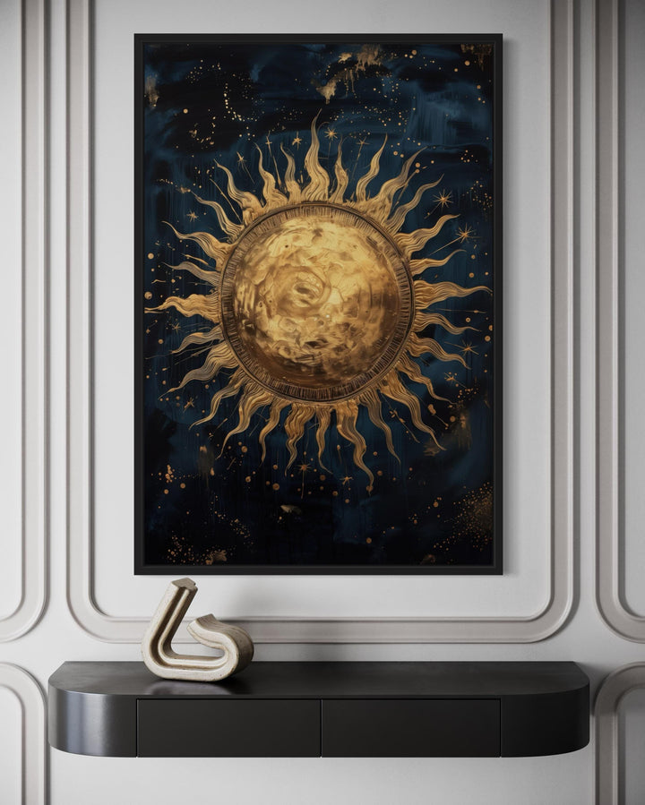 Golden Sun In Sky Celestial Framed Canvas Wall Art
