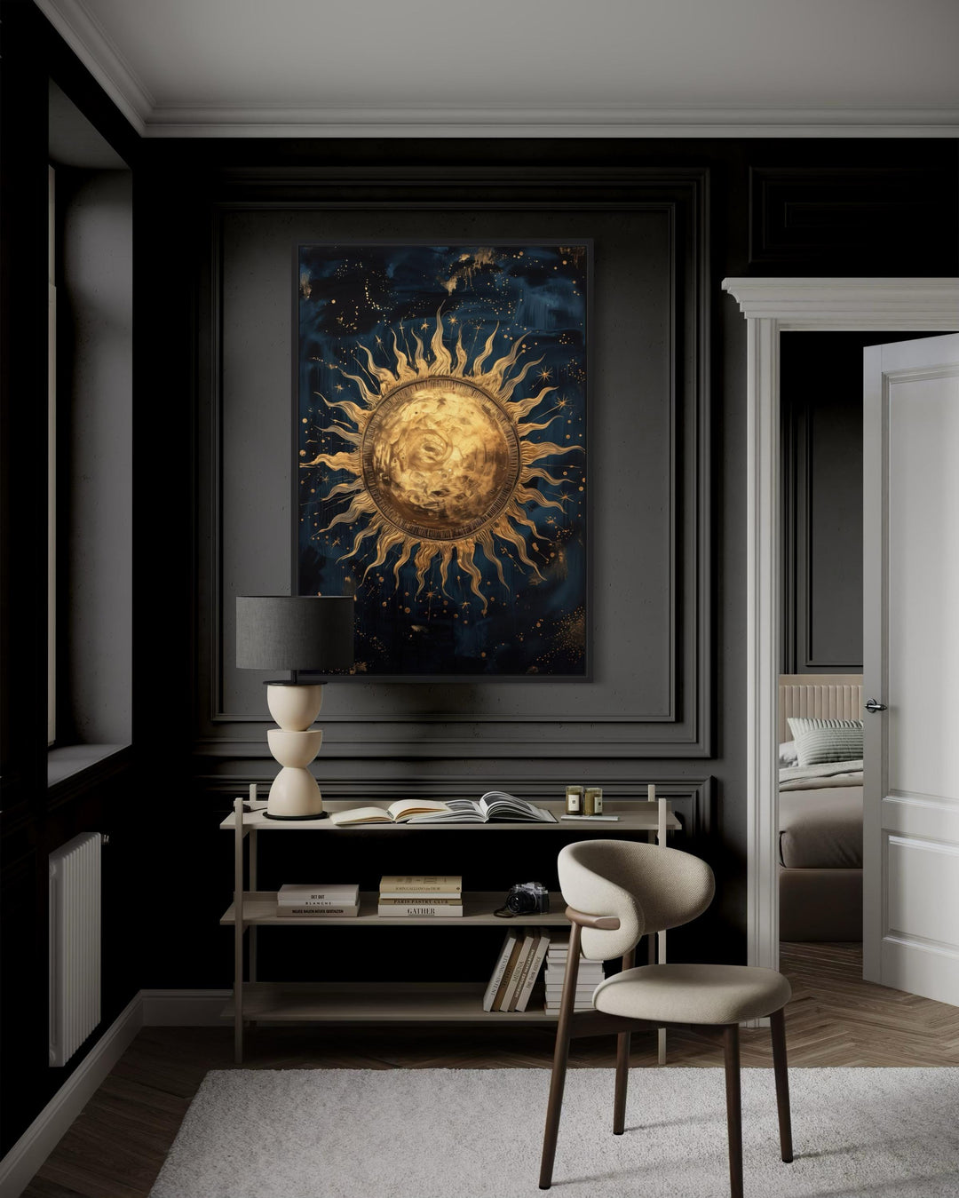 Golden Sun In Sky Celestial Framed Canvas Wall Art