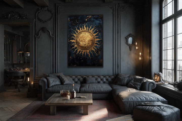 Golden Sun In Sky Celestial Framed Canvas Wall Art