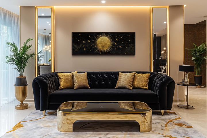 Golden Sun and Stars Black Gold Long Horizontal Canvas Wall Art