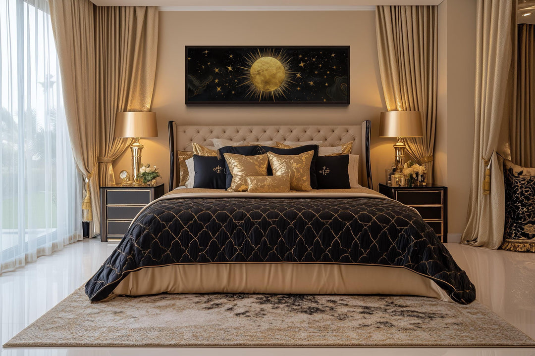 Golden Sun and Stars Black Gold Long Horizontal Canvas Wall Art