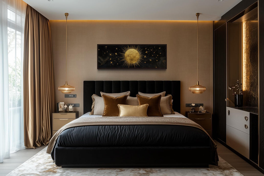 Golden Sun and Stars Black Gold Long Horizontal Canvas Wall Art