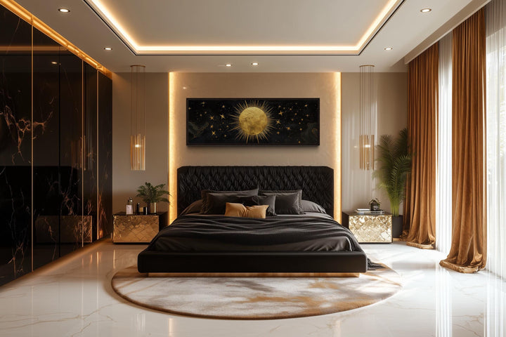 Golden Sun and Stars Black Gold Long Horizontal Canvas Wall Art