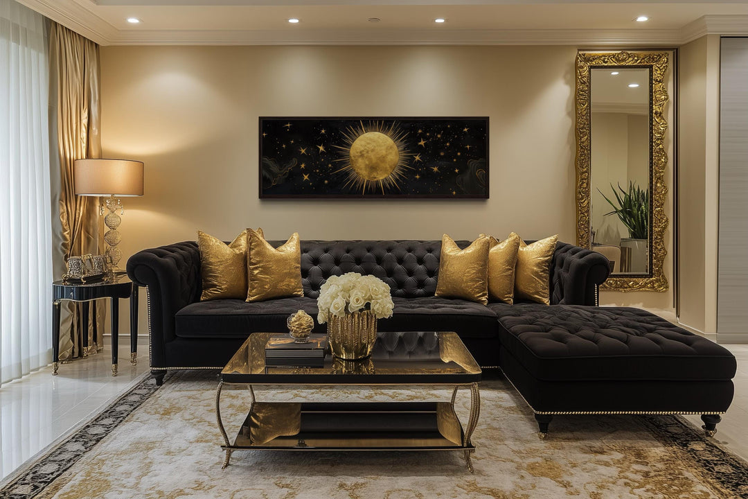 Golden Sun and Stars Black Gold Long Horizontal Canvas Wall Art