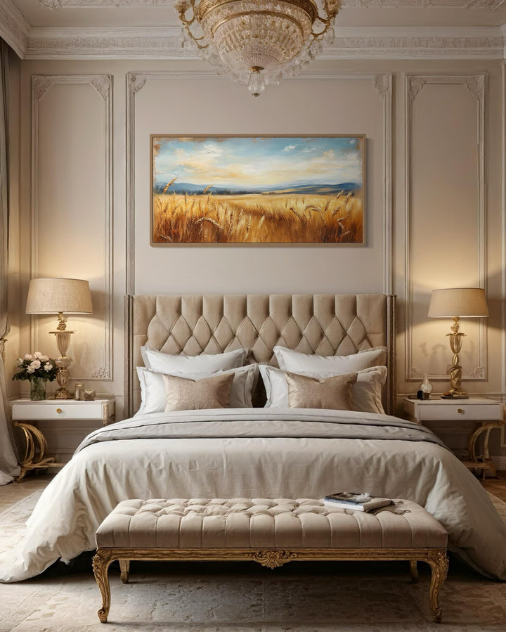 Golden Wheat Field Farm Framed Farmhouse Canvas Wall Art