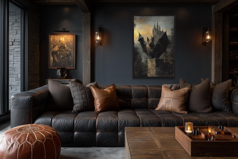 Gothic Bat With Wings Spread in Front of Haunted Castle Halloween Wall Art
