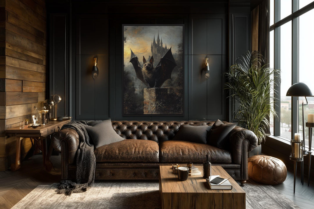 Gothic Bat With Wings Spread in Front of Haunted Castle Halloween Wall Art