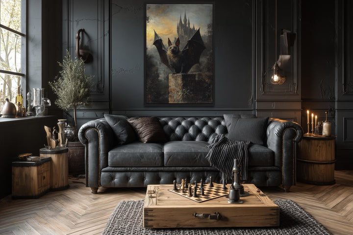 Gothic Bat With Wings Spread in Front of Haunted Castle Halloween Wall Art