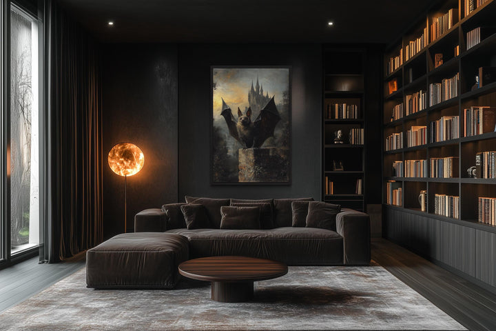 Gothic Bat With Wings Spread in Front of Haunted Castle Halloween Wall Art